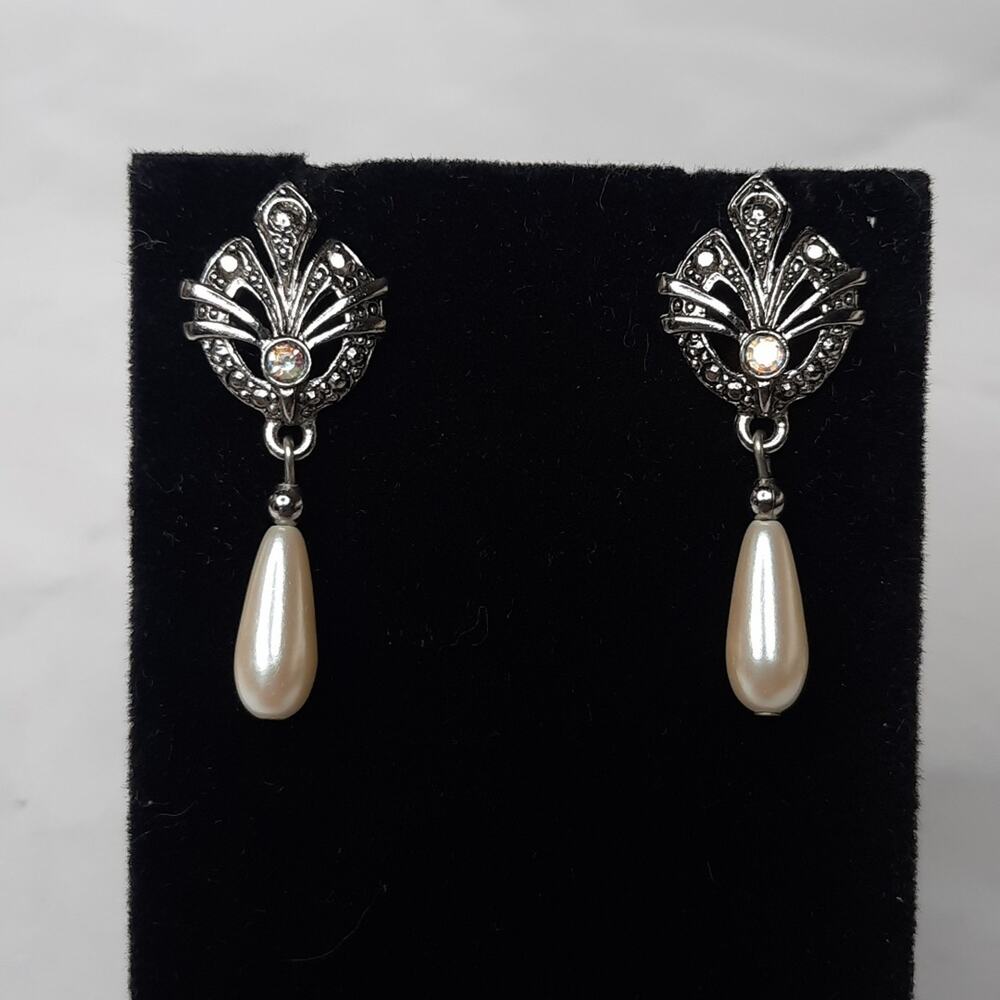 Embellished Silver Tone and Pearlescent Dangle Earrings